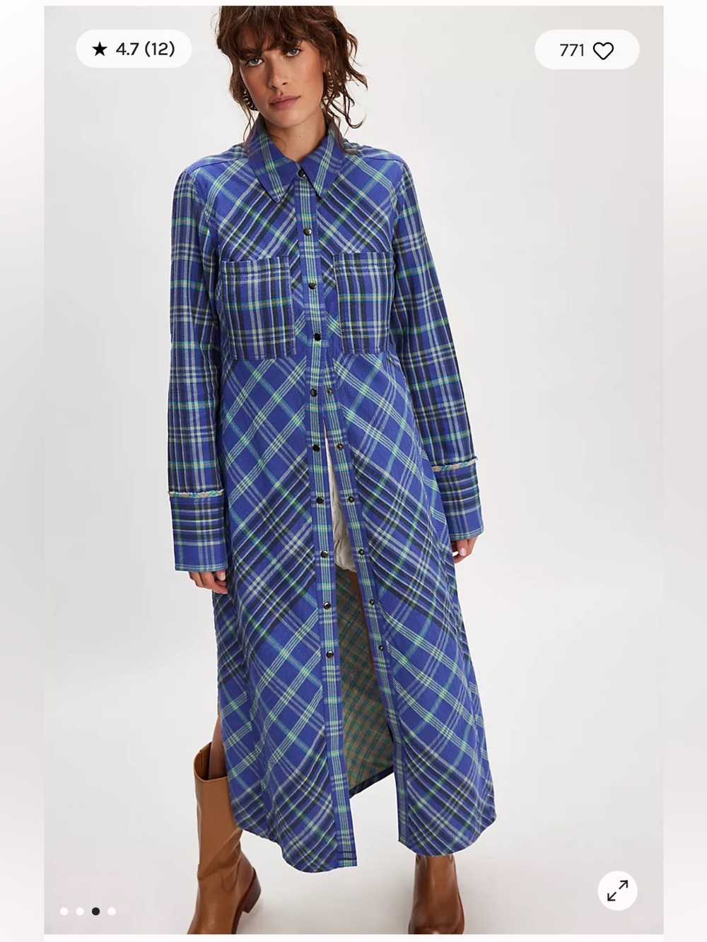 NWT Free people size 4 Ruth long shirt dress in cobalt blue plaid